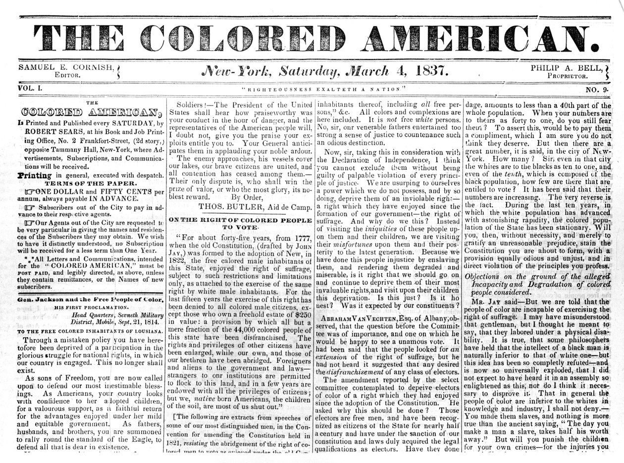Prima pagina di The Colored American, 4 marzo 1867 da American School