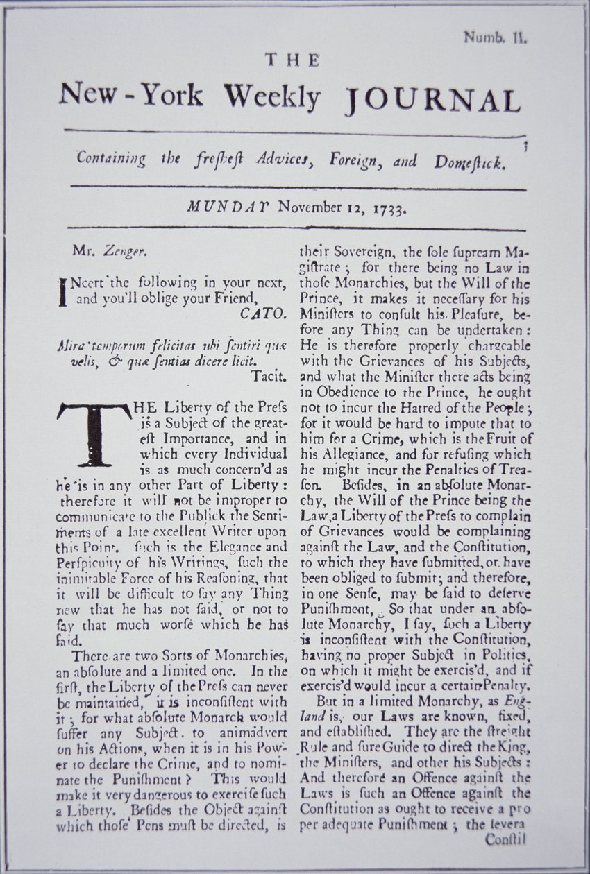 Prima pagina del New-York Weekly Journal che discute la libertà di stampa da American School