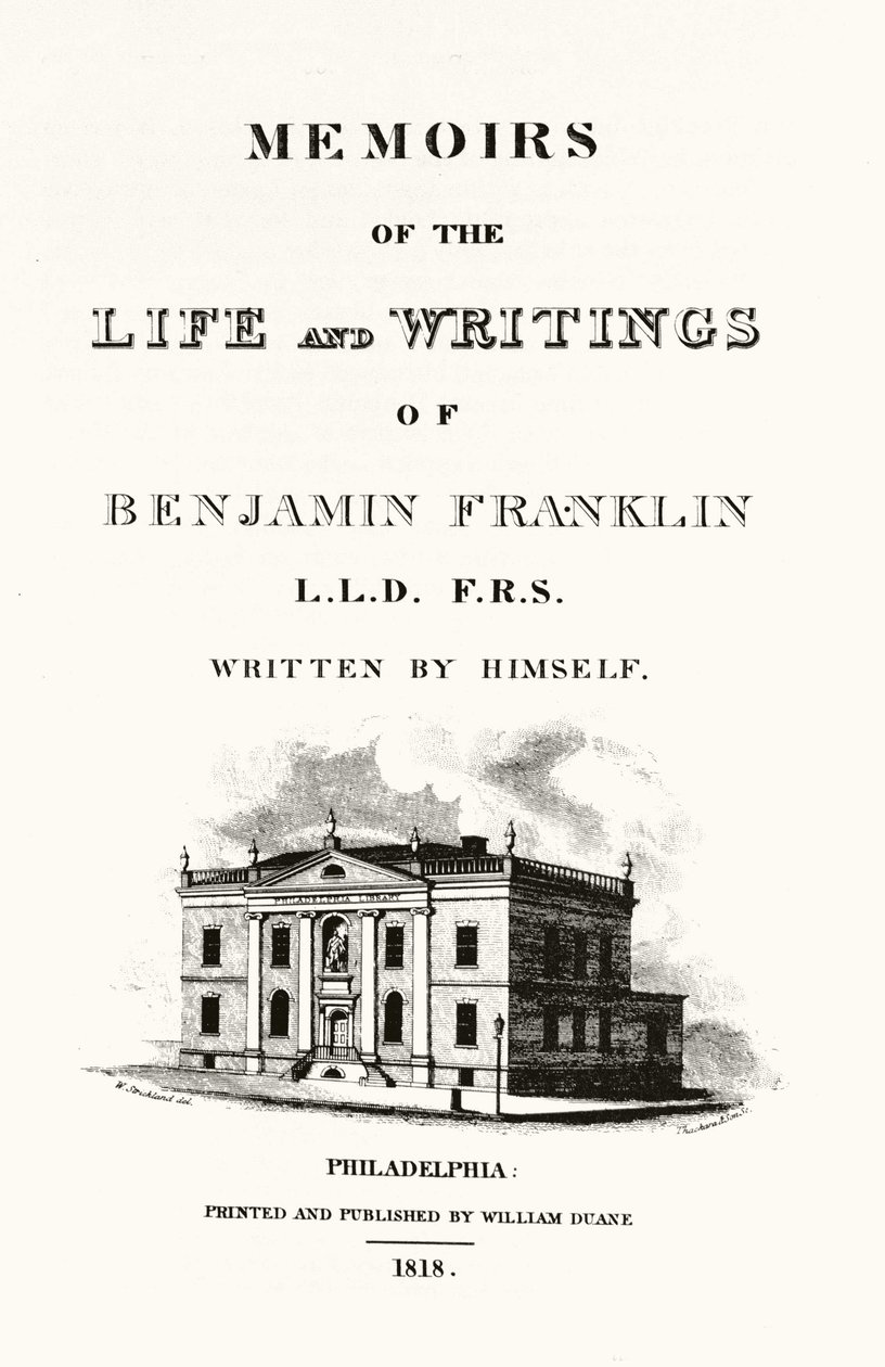 Frontespizio di Memorie della vita e degli scritti di Benjamin Franklin, autobiografia di Benjamin Franklin. Edizione del 1818. da American School