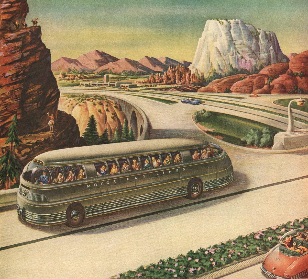 Autobus passeggeri futuristico che viaggia su un