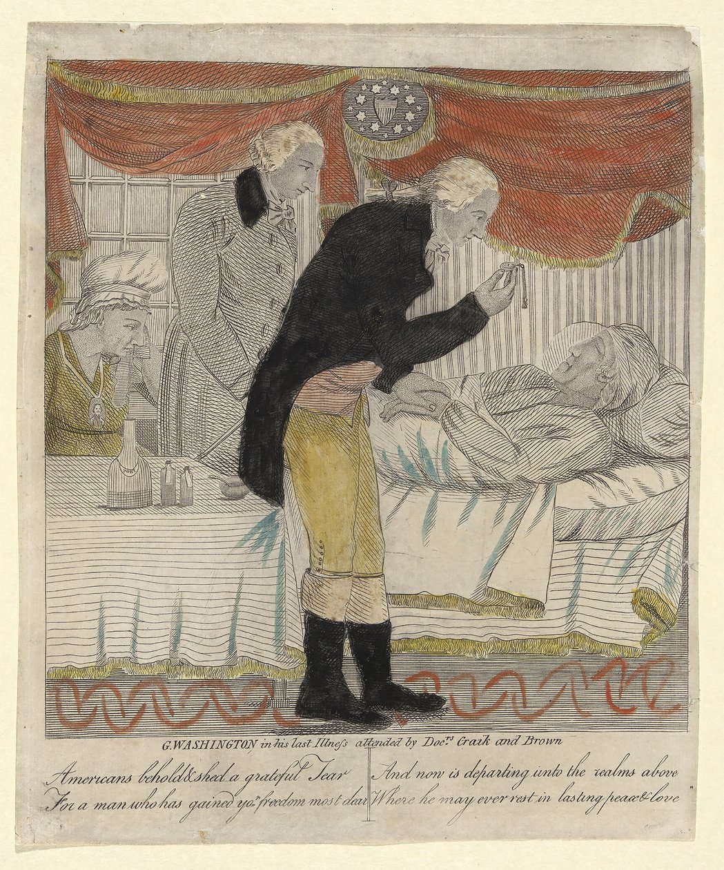 G. Washington nella sua ultima malattia, assistito dai dottori Craik e Brown, pub. c.1800 da American School