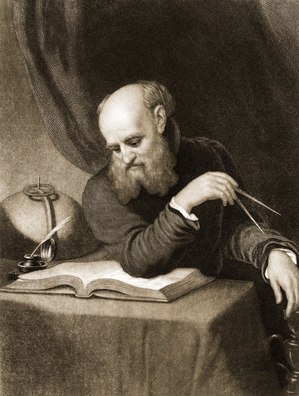 Galileo con bussola e diagrammi, c.1880 (incisione) da American School
