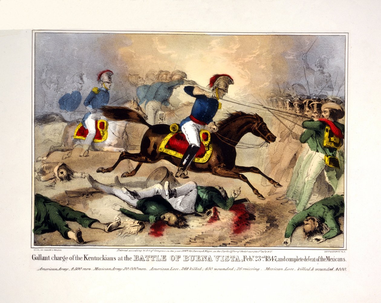 La carica dei Kentuckiani nella battaglia di Buena Vista, il 23 febbraio 1847, e la completa sconfitta dei messicani. 23 febbraio 1847 e la completa sconfitta dei messicani, pub. 1847 (litografia colorata a mano) da American School