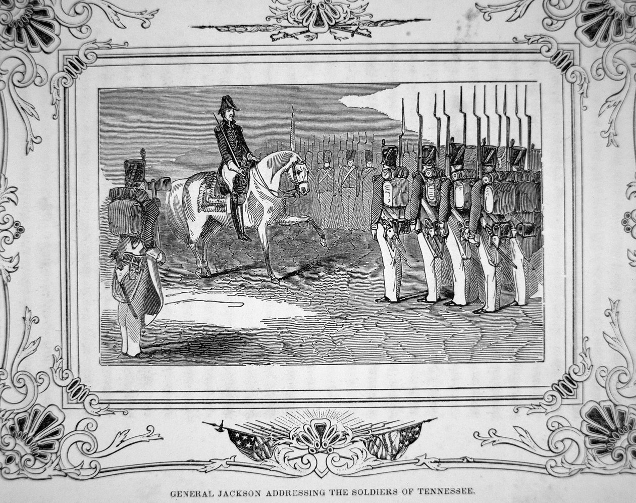 Il generale Andrew Jackson parla alla milizia del Tennessee prima della battaglia di Horsehoe Bend, 27 marzo 1814 da American School