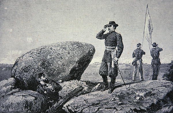 Generale G.K. Warren alla stazione di segnalazione su Little Round Top, Battaglia di Gettysburg da American School