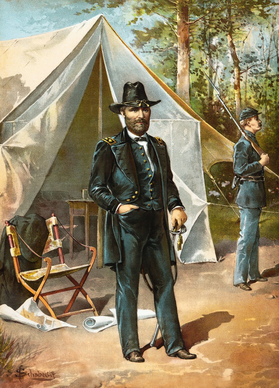 Generale Ulysses S. Grant davanti alla sua tenda durante la guerra civile americana, pub. 1892 da American School