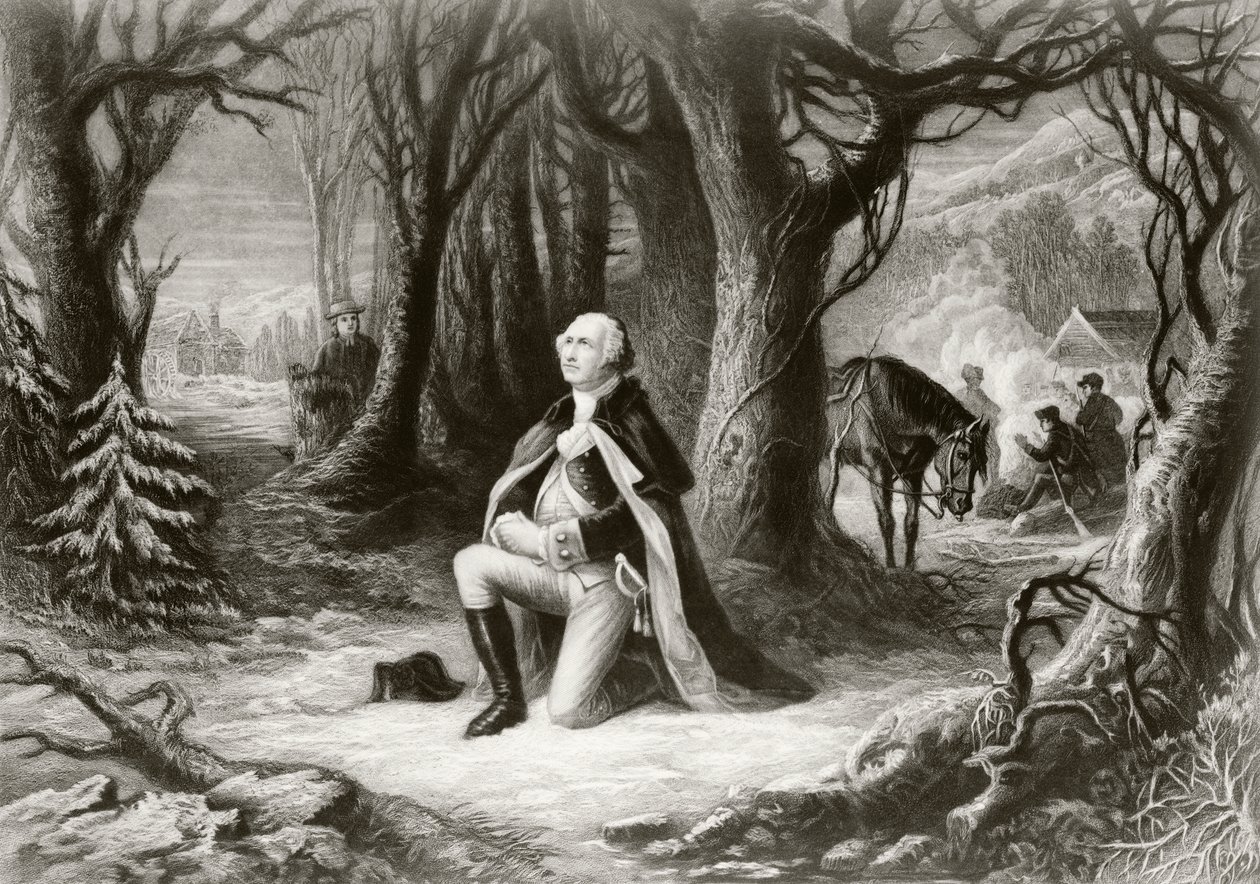 George Washington prega al campo di Valley Forge durante la guerra rivoluzionaria americana nell