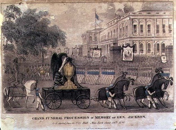 Grande processione funebre in memoria del Generale Jackson, inciso e pubblicato da Henry R. Robinson da American School