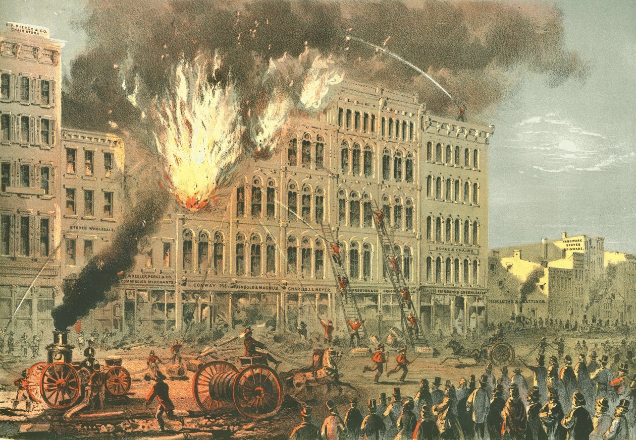 Grande incendio su Lake Street, da Chicago Illustrated, con descrizioni letterarie di James W. Sheahan, pubblicato da Jevne & Almini, Chicago da American School
