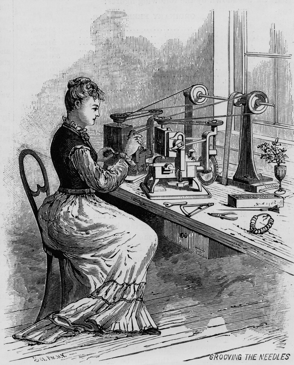 Scanalatura degli aghi, illustrazione che mostra la fabbricazione della macchina da cucire da Scientific American, 1879 da American School