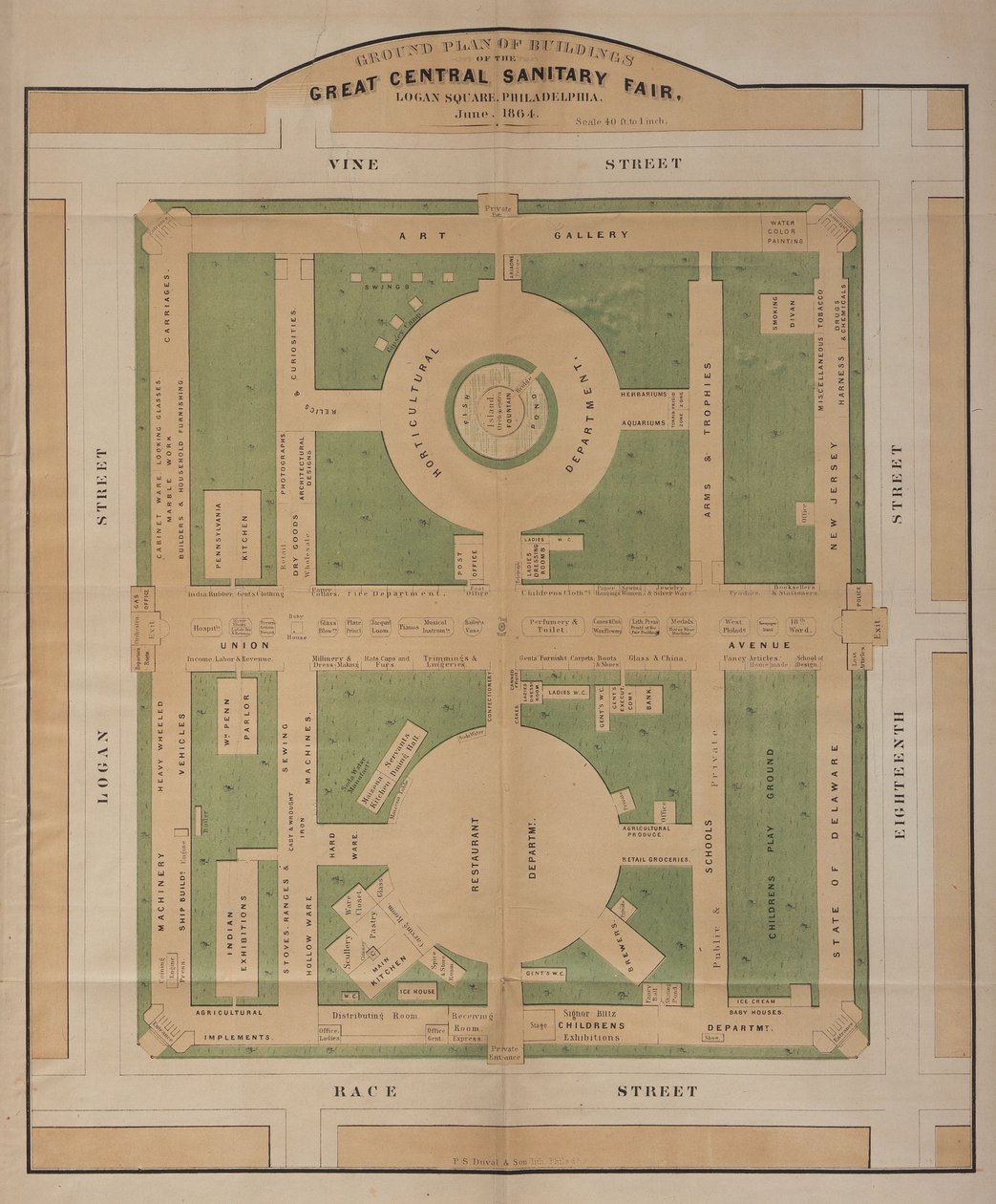 Piantina degli edifici della Grande Fiera Sanitaria Centrale, Logan Square, giugno 1864 (litografia a colori) da American School