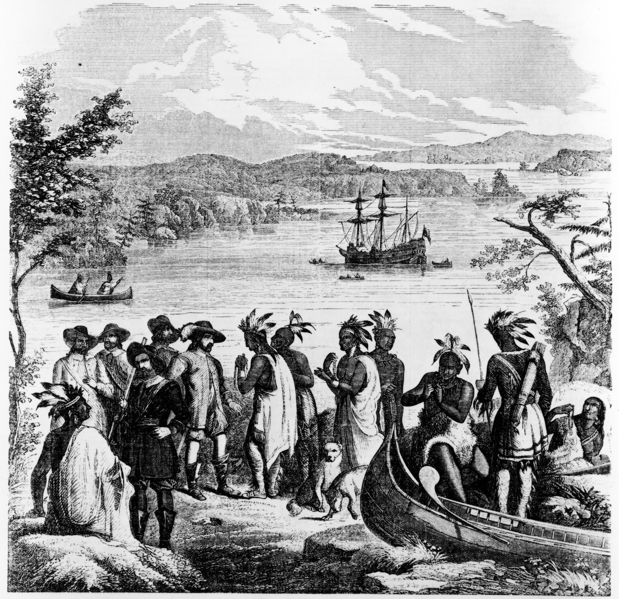 Henry Hudson che discende il fiume Hudson, illustrazione da Ballou