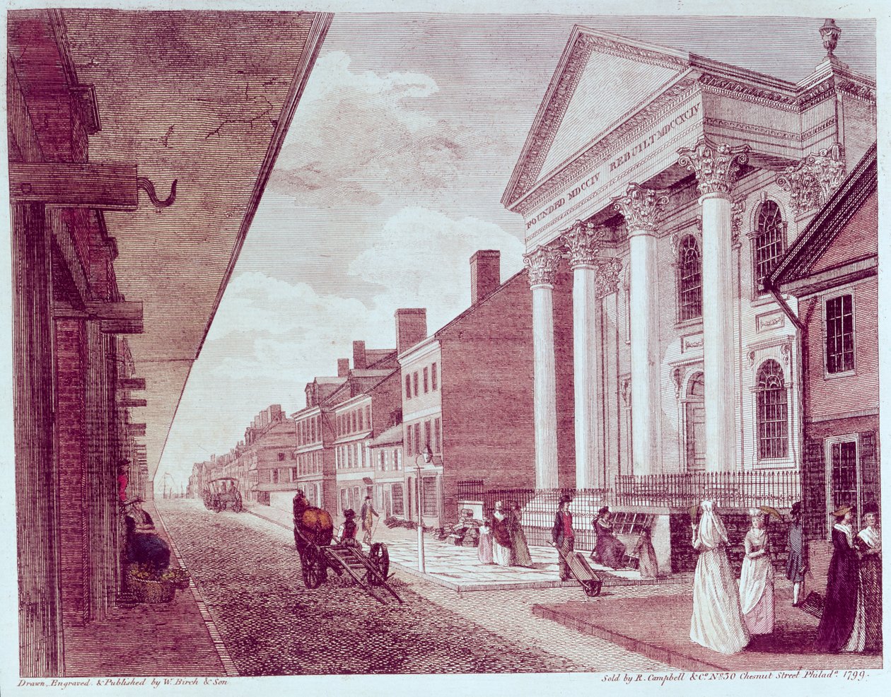 Strada principale con la prima Chiesa Presbiteriana, Filadelfia, 1799 da American School