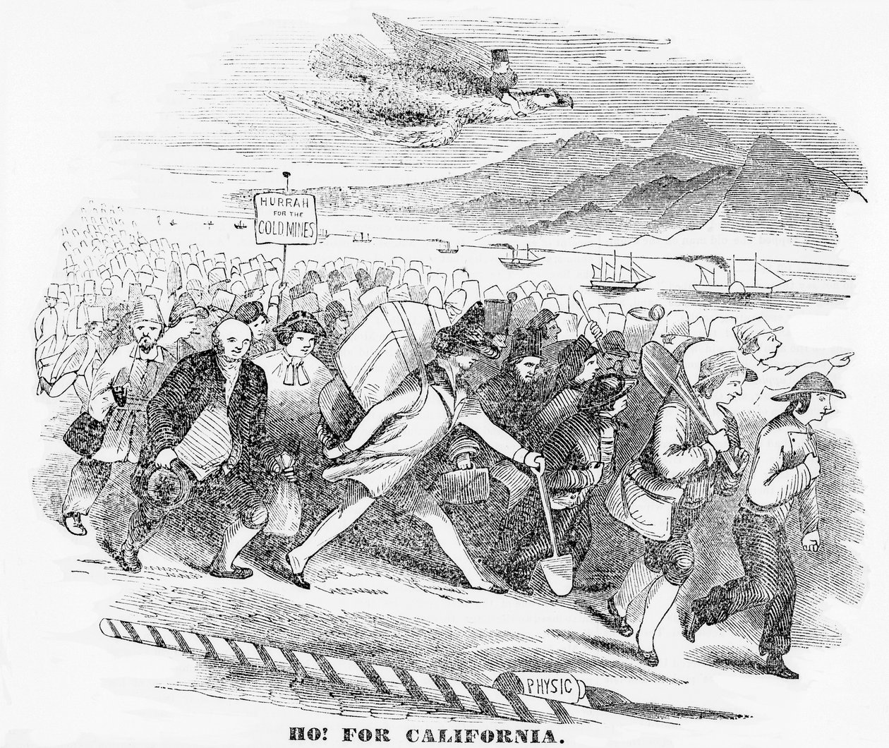Ho! per la California, illustrazione dal New York Atlas, 14 gennaio 1849 da American School