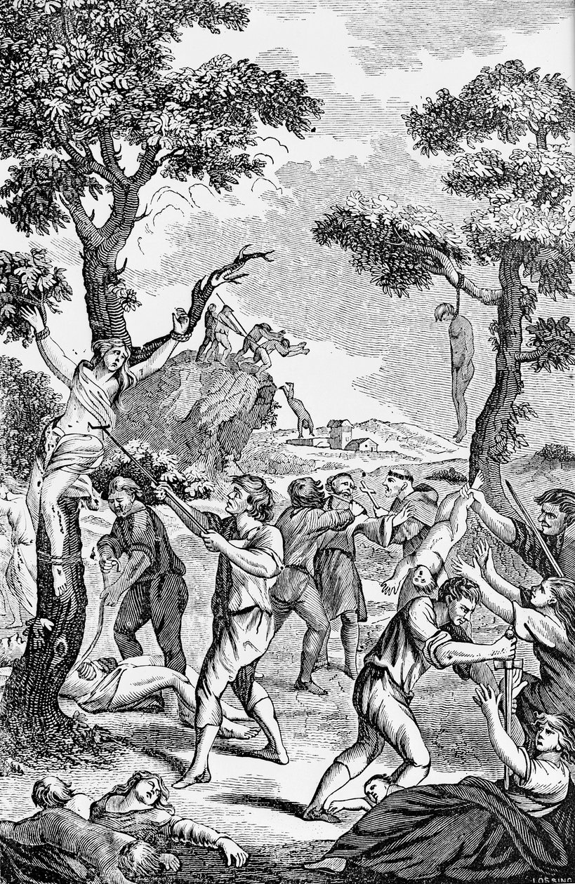 Illustrazione da un opuscolo anti-cattolico che mostra donne e bambini assassinati da American School