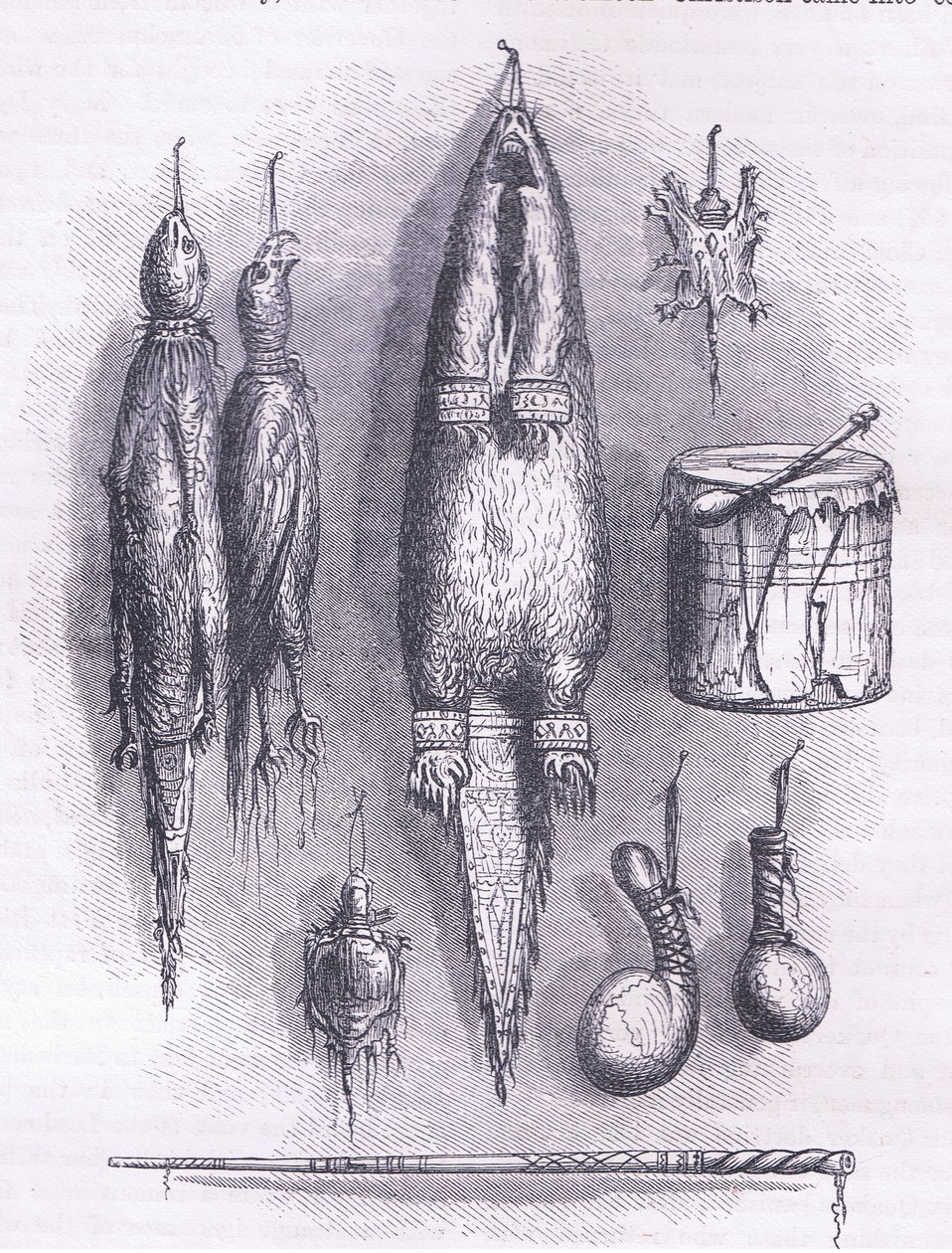 Borsa medica indiana, fischietto misterioso, battaglie e tamburo 1661, illustrazione da Cassell