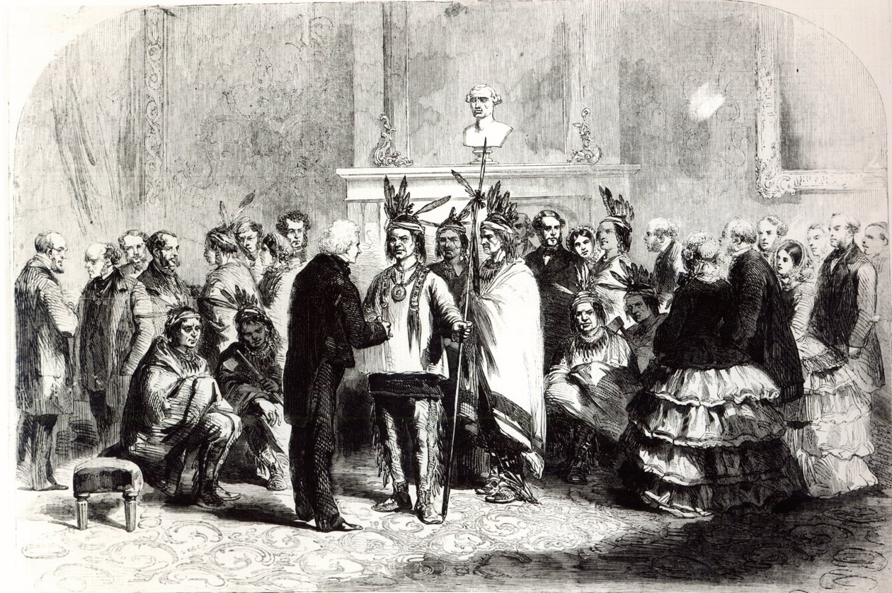 James Buchanan, Presidente degli Stati Uniti, che induce le tribù ostili dei Pawnee e dei Ponca a stringersi la mano, 1858 da American School