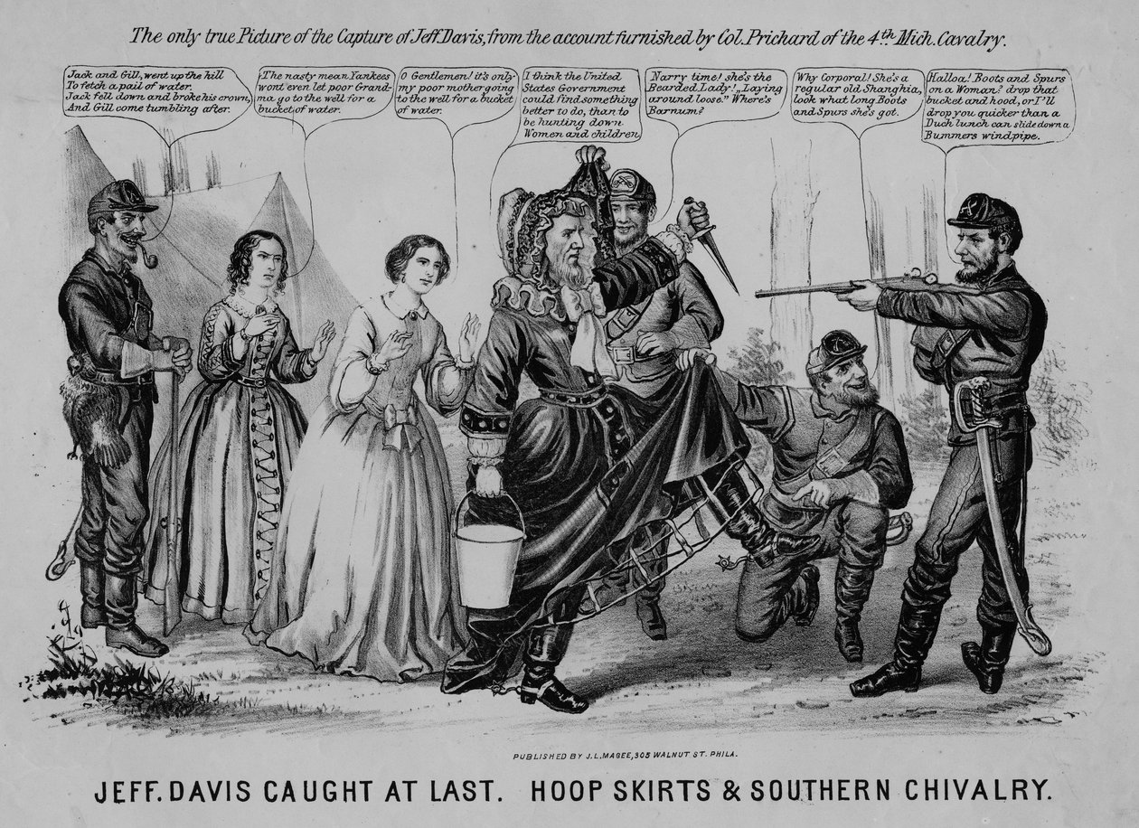 Jeff Davis catturato finalmente: gonne a cerchio e cavalleria del sud, pubblicato da J.L. Magee, Filadelfia, c.1865 da American School