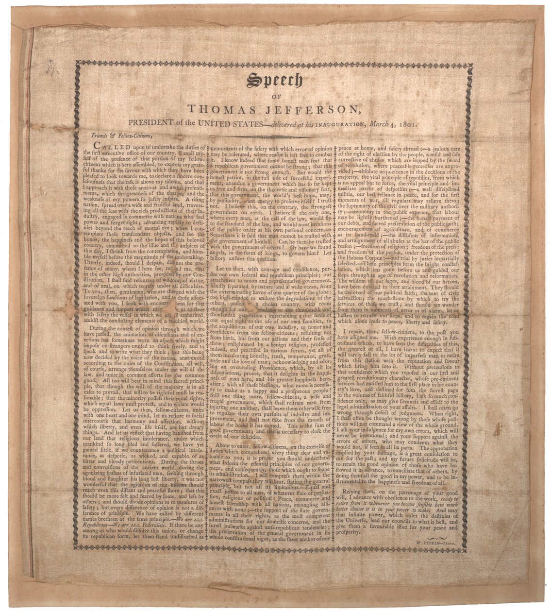 Primo discorso inaugurale di Jefferson, stampato da Pechin, Baltimora, 4 marzo 1801 da American School