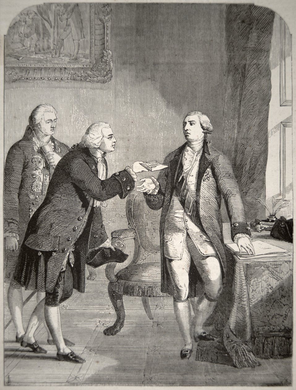 John Adams (1735-1826) come primo ambasciatore americano alla corte inglese, presenta le sue credenziali a Re Giorgio III (1738-1820) da American School