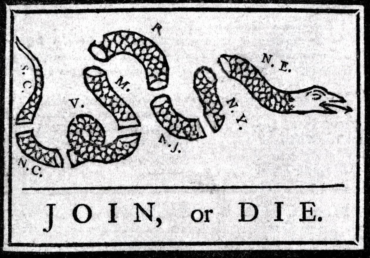 Join or Die, disegno, considerato il primo cartone politico, pubblicato nella "Pennsylvania Gazette" da Benjamin Franklin nel 1754. Rappresenta un serpente diviso in diverse sezioni con la leggenda "Join or Die". Questo è un appello alle 13 colonie america da American School