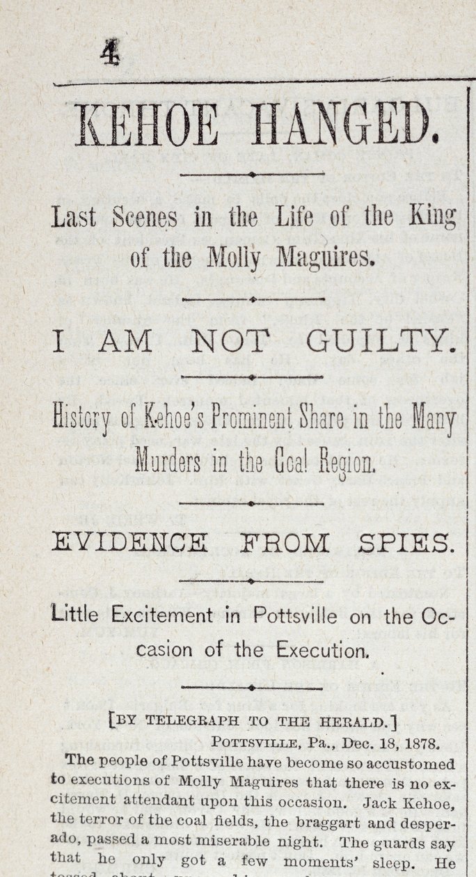Kehoe impiccato, dal New York Herald, 19 dicembre 1878 da American School