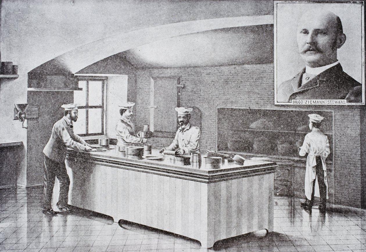 Cucina della Casa Bianca negli anni 1890, con ritratto inserito di Hugo Ziemann da American School