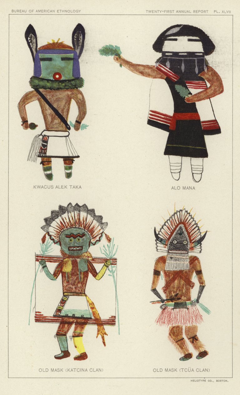 Kwacus Alek Taka, Alo Mana, Antica maschera (clan Katcina), Antica maschera (clan Tcua) (litografia a colori) da American School