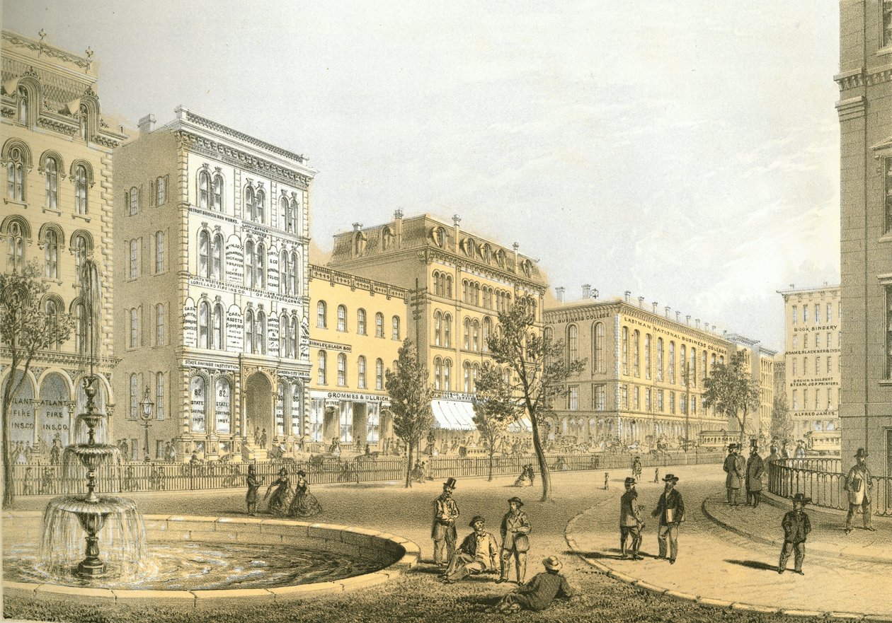 LaSalle Street da Courthouse Square, da Chicago Illustrated, con descrizioni letterarie di James W. Sheahan, pubblicato da Jevne & Almini, Chicago da American School