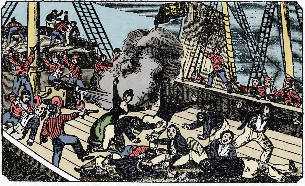 La morte del pirata gentiluomo Jean Lafitte (1780-1826), incisione di The pirate own book 1837. da American School