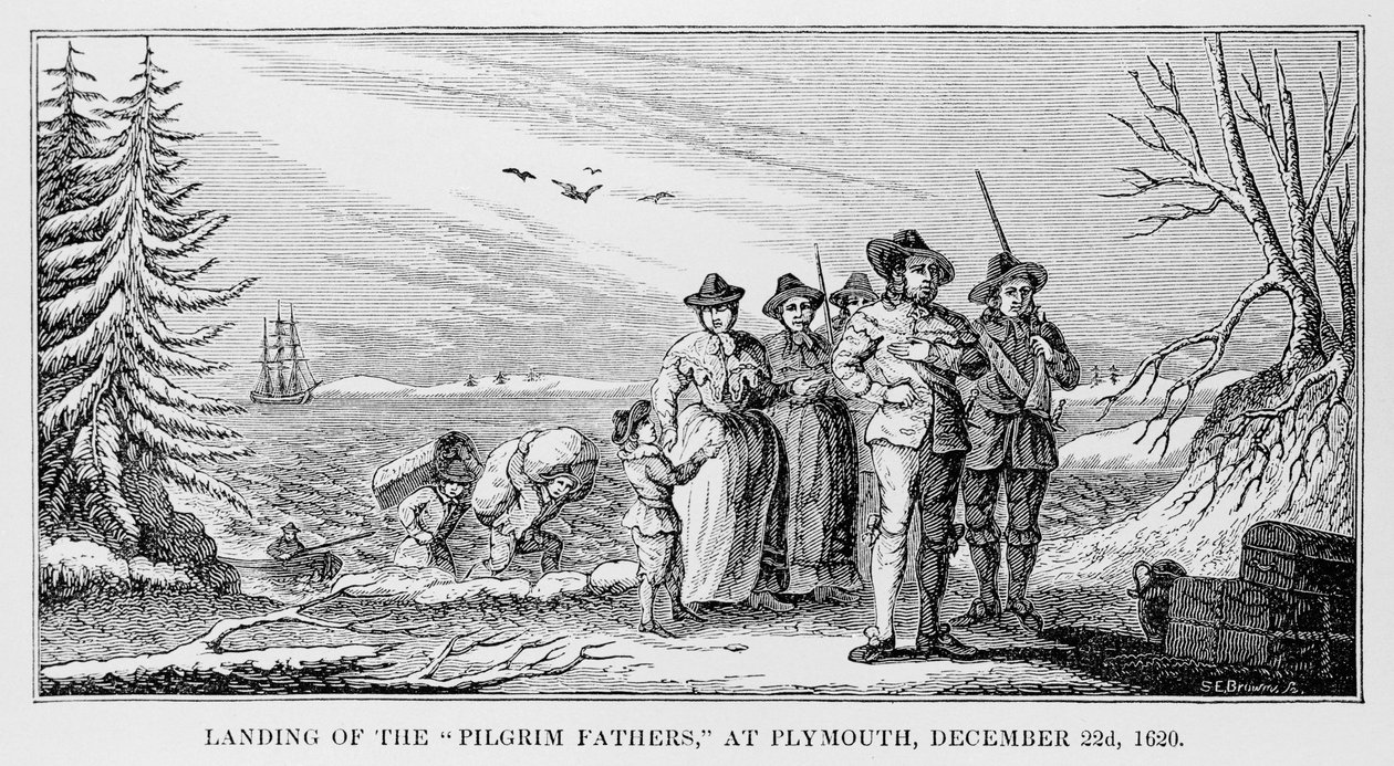 Sbarco dei Padri Pellegrini a Plymouth su Cape Cod, Massachusetts, 22 dicembre 1620, stampato in History and Antiquity of New England, New York... 1842 da American School