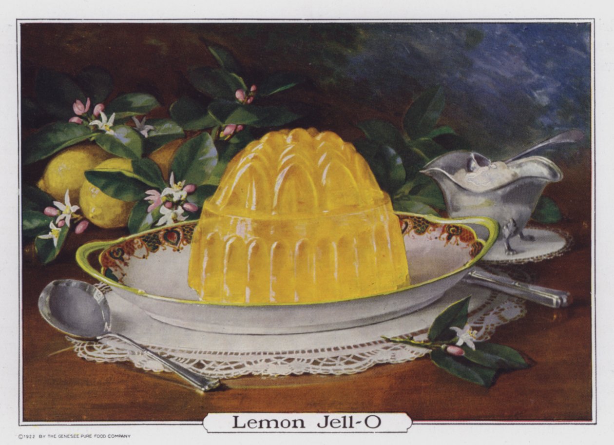 Lemon Jell-O, pubblicità prodotta per la Genesee Pure Food Company, Le Roy, New York, USA (litografia a colori) da American School