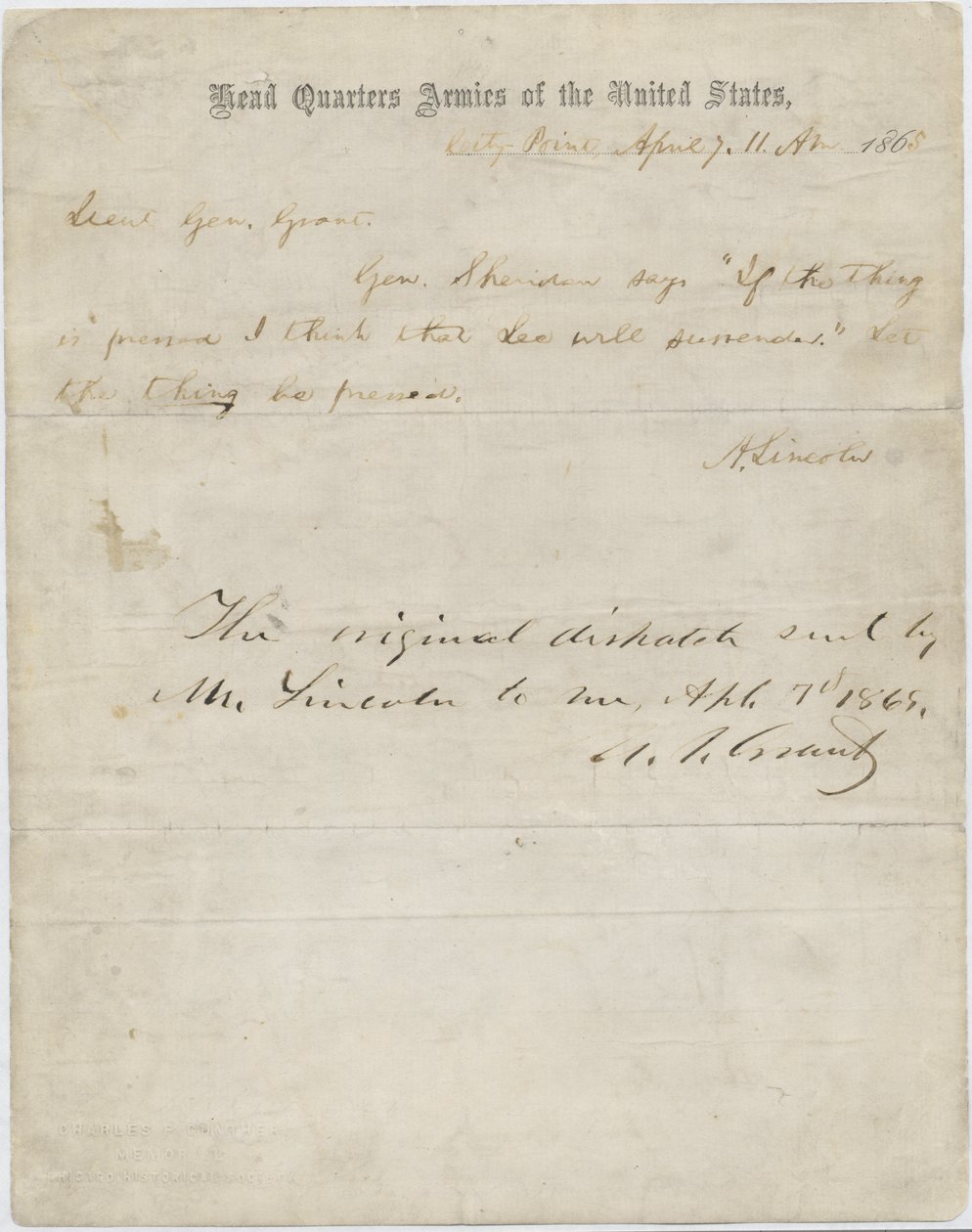 Lettera di Abraham Lincoln al generale Ulysses S. Grant, 7 aprile 1865 da American School