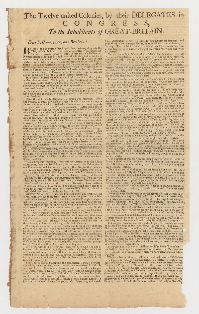 Lettera delle Dodici Colonie Unite agli abitanti della Gran Bretagna da American School