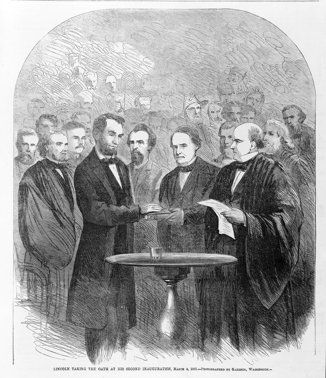 Lincoln che presta giuramento alla sua seconda inaugurazione, 4 marzo 1865, pubblicato 1865 da American School