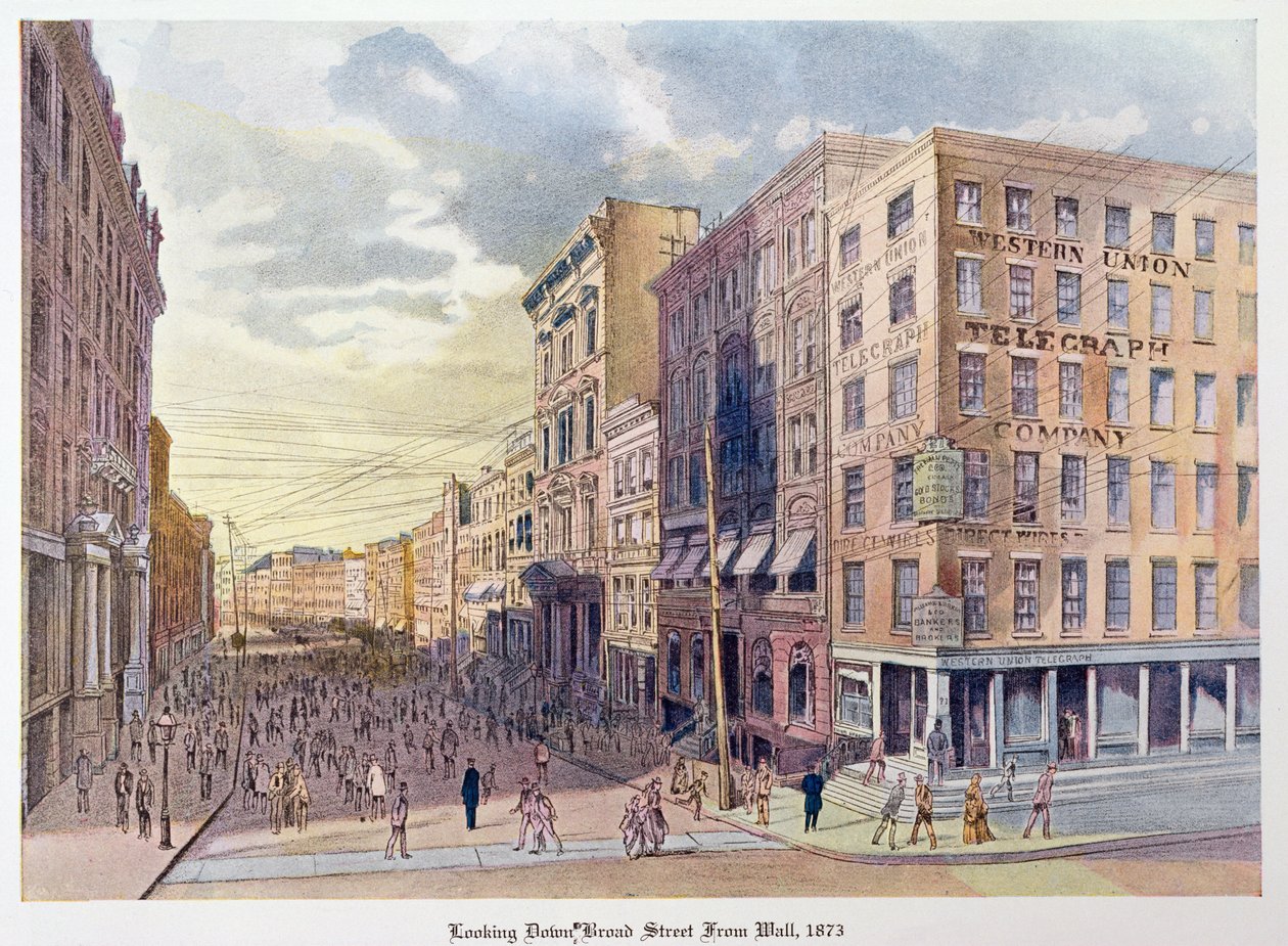 Vista di Broad Street da Wall nel 1873, illustrazione da Old New York, ieri e oggi di Henry Collins Brown, 1922 da American School