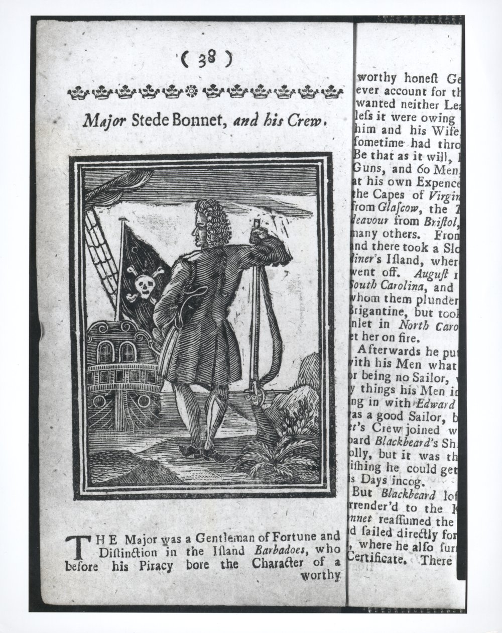 Maggiore Stepe Bonnet, pagina 38 da Storie e Vite di Tutti i Più Noti Pirati e delle loro Ciurme, Londra, 1725 da American School