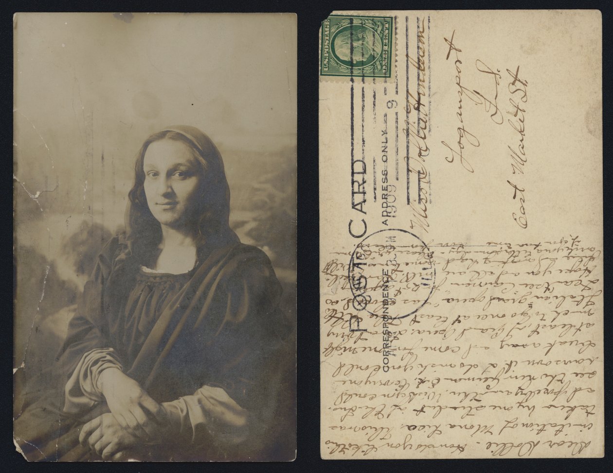 Cartolina Monna Lisa maschile spedita negli Stati Uniti da American School