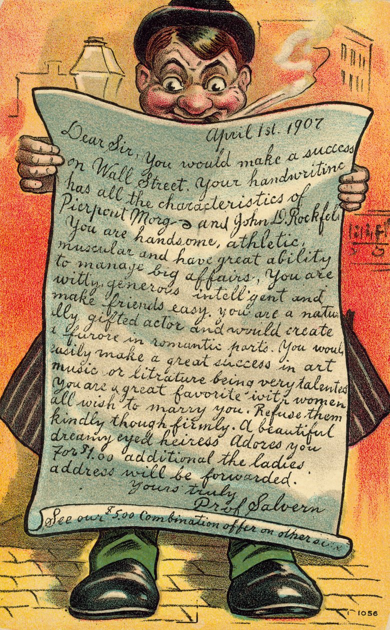 Uomo che legge una lettera lusinghiera sulle sue prospettive di carriera (litografia a colori) da American School