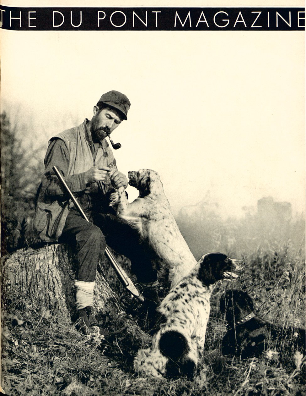 Uomo con cani da caccia, copertina della rivista DuPont, novembre 1934 da American School