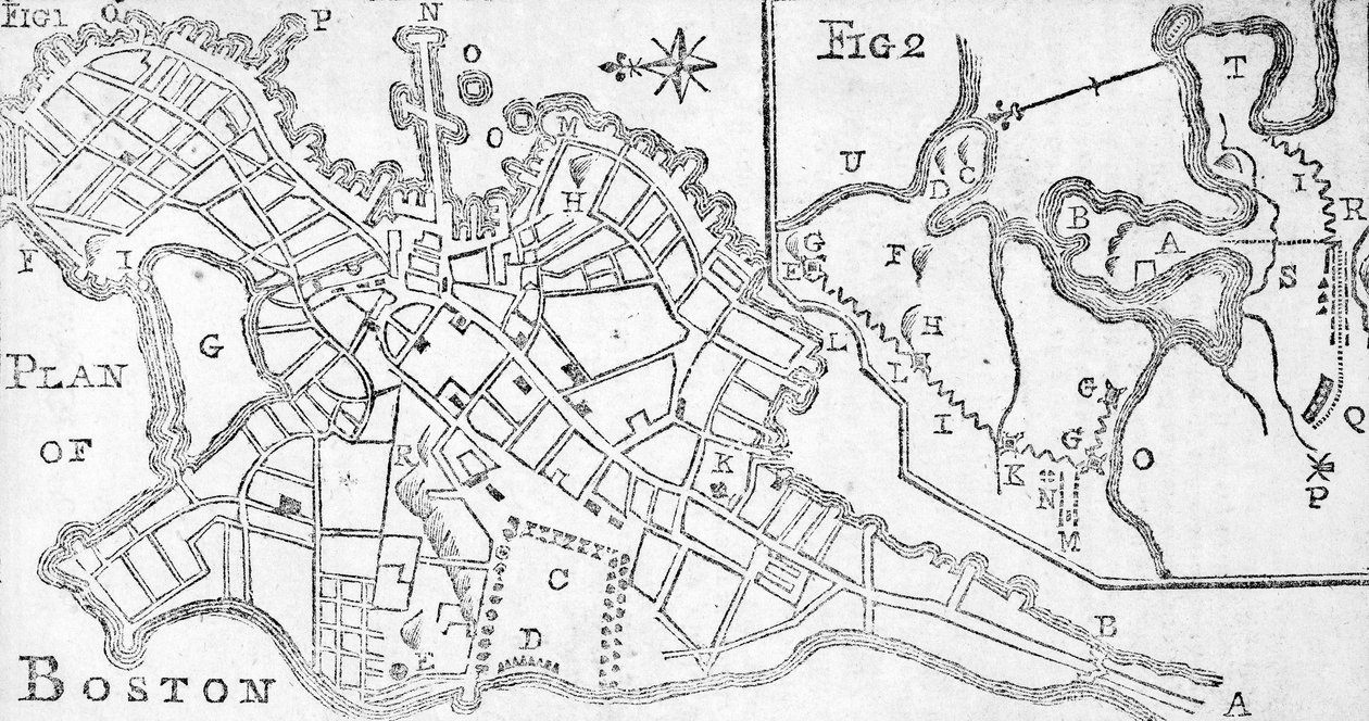 Mappa di Boston, stampata in Bickerstaffs Albany Almanack, 1776 da American School