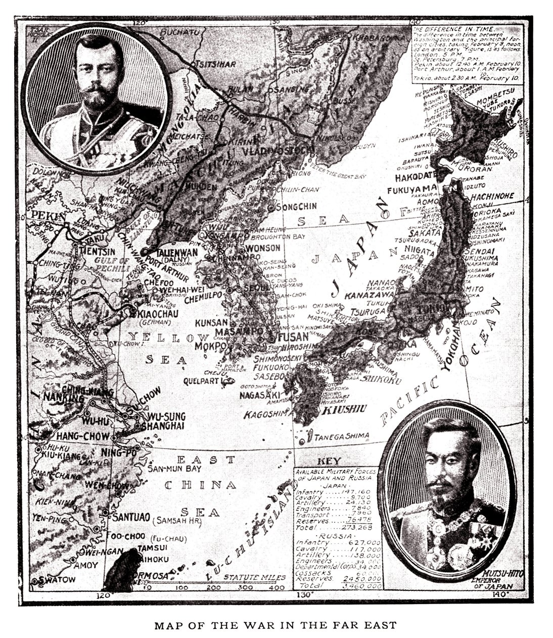 Mappa della Russia orientale, Corea e Giappone durante il conflitto russo-giapponese (1904-1905). In medaglione, lo zar Nicola II di Russia (1868-1918) e l