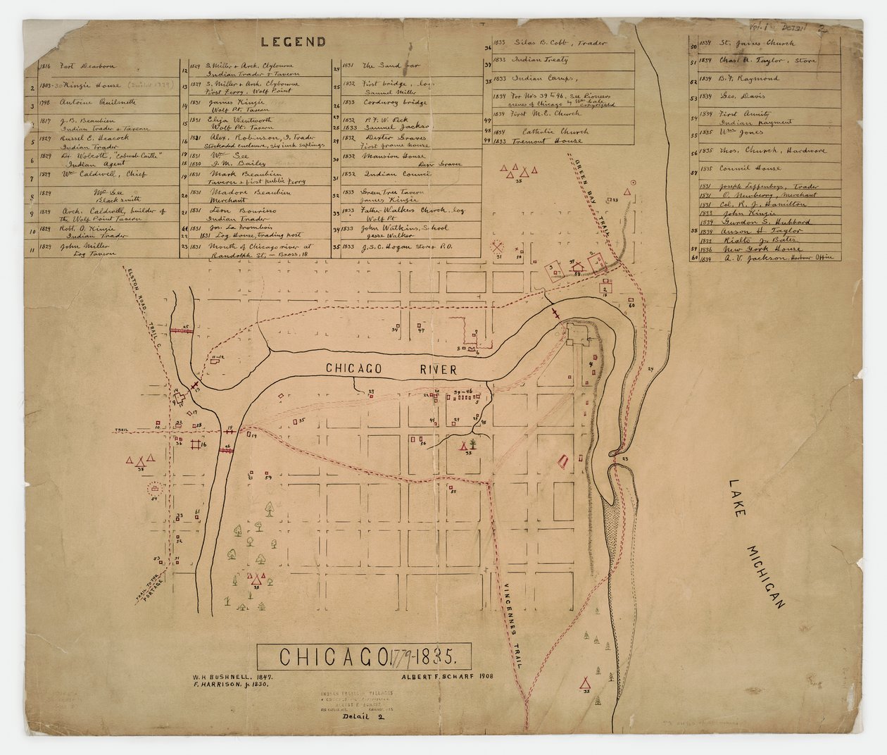 Mappa delle case e dei siti storici di Chicago, Illinois, c.1835 da American School