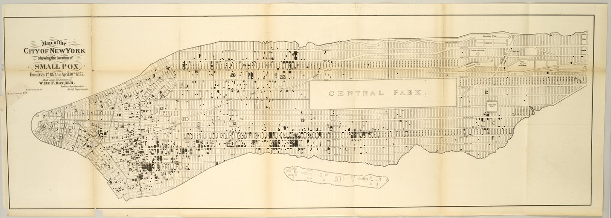 Mappa della città di New York che mostra la posizione del vaiolo, dal 1 maggio 1874 al 30 aprile 1875 da American School