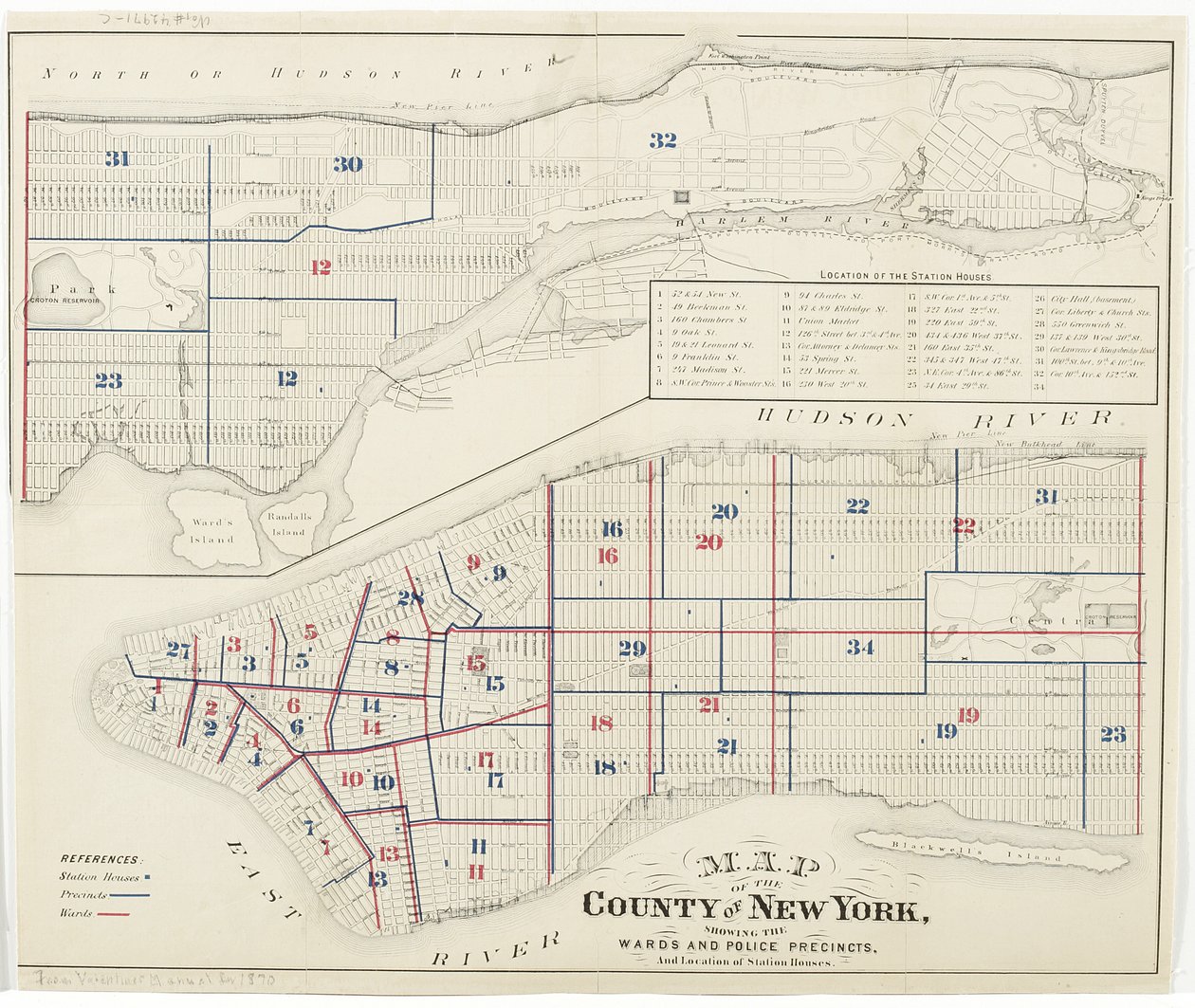 Mappa della Contea di New York, che mostra i distretti e le circoscrizioni di polizia, e la posizione delle stazioni di polizia da American School
