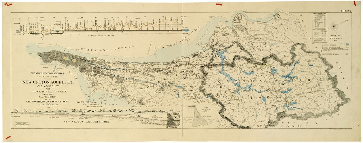 Mappa del nuovo acquedotto di Croton, vecchio acquedotto e condotta del fiume Bronx, anche i bacini idrografici di Croton, Bronx da American School