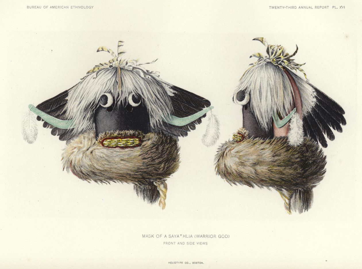 Maschera di A Sayathlia (dio guerriero) - vista frontale e laterale (litografia a colori) da American School