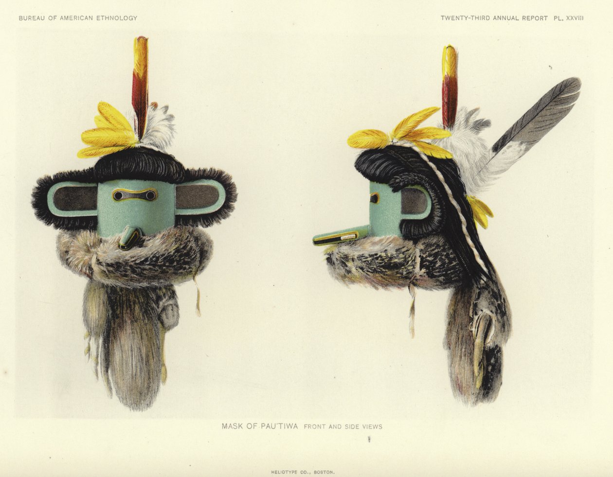 Maschera di Pautiwa - vista frontale e laterale (litografia a colori) da American School