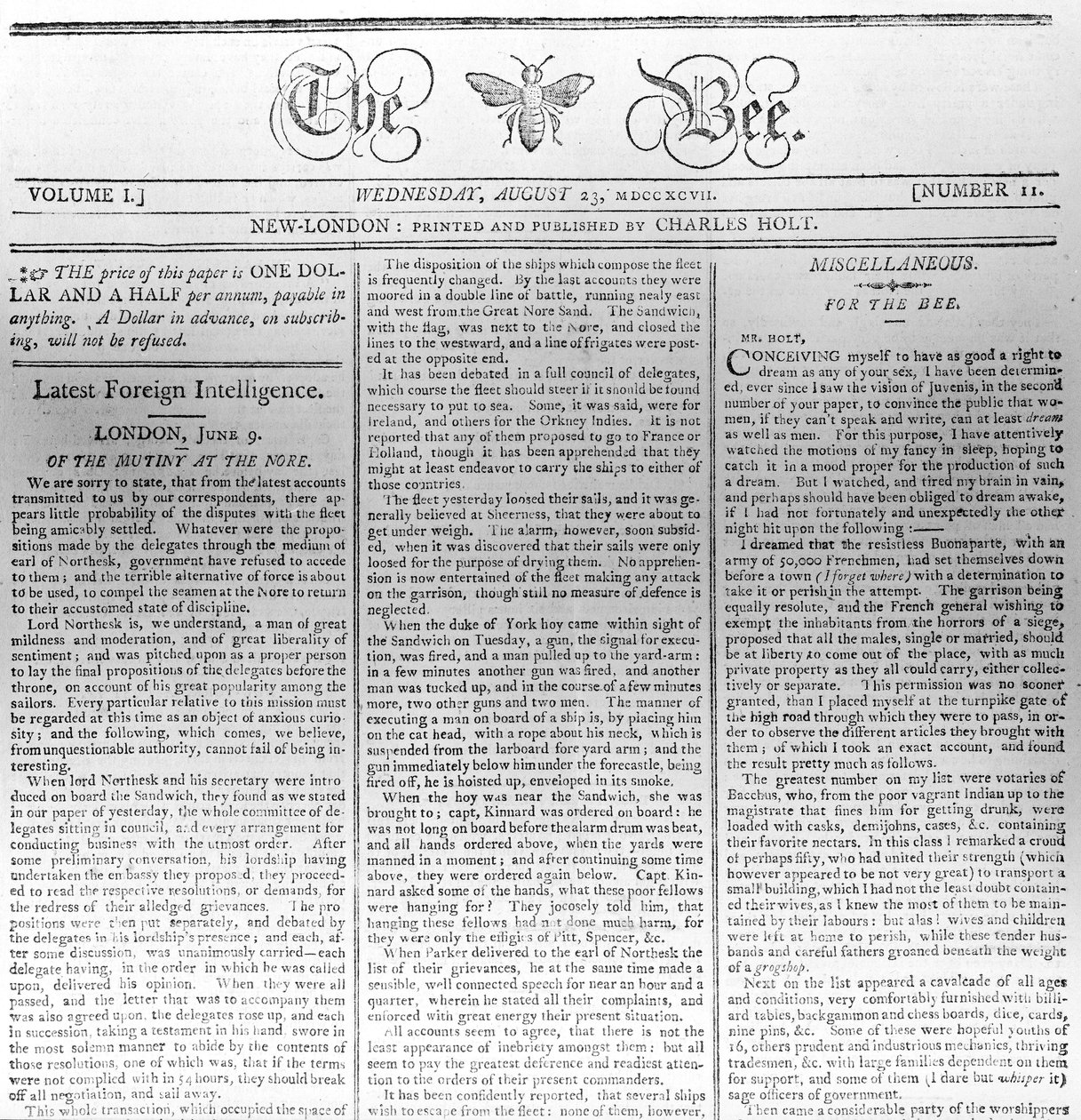 Testata di The Bee, stampata il 23 agosto 1797 da American School