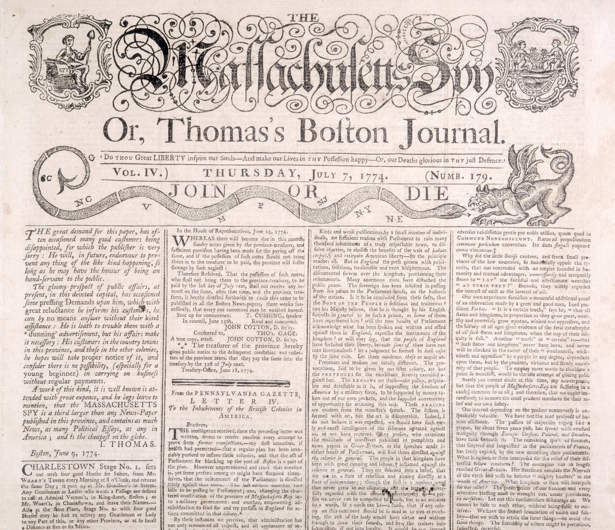 Testata del Massachusetts Spy, 7 luglio 1774 da American School